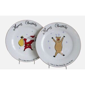2 Merry Brite Merry Christmas Dinner Plates - Santa Reindeer - Vintage Holiday R